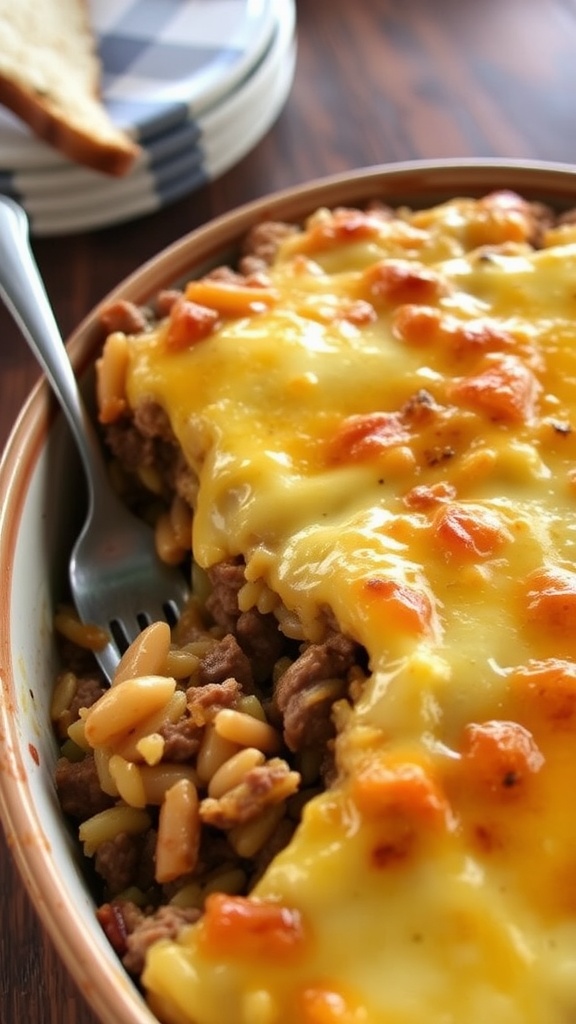 Cheesy beef and rice casserole with golden cheese on top, served in a rustic dish on a wooden table.